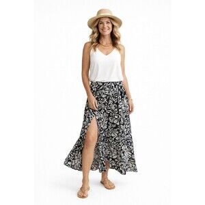 Boho Flowy Midi Skirt Black White Floral Elastic Waist Front Slit